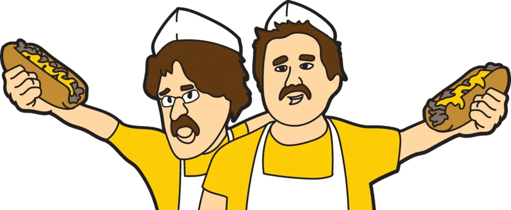 Illustrated caricatures of Eric Sollenberger and Dan Katz wearing yellow shirts and white hats, each holding a cheesesteak