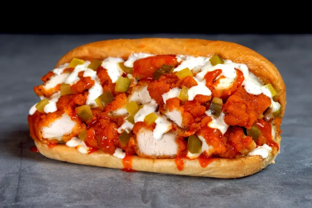 Buffalo chicken tender sub with crispy chicken, buffalo sauce, white sauce, and diced pickles on a hoagie roll