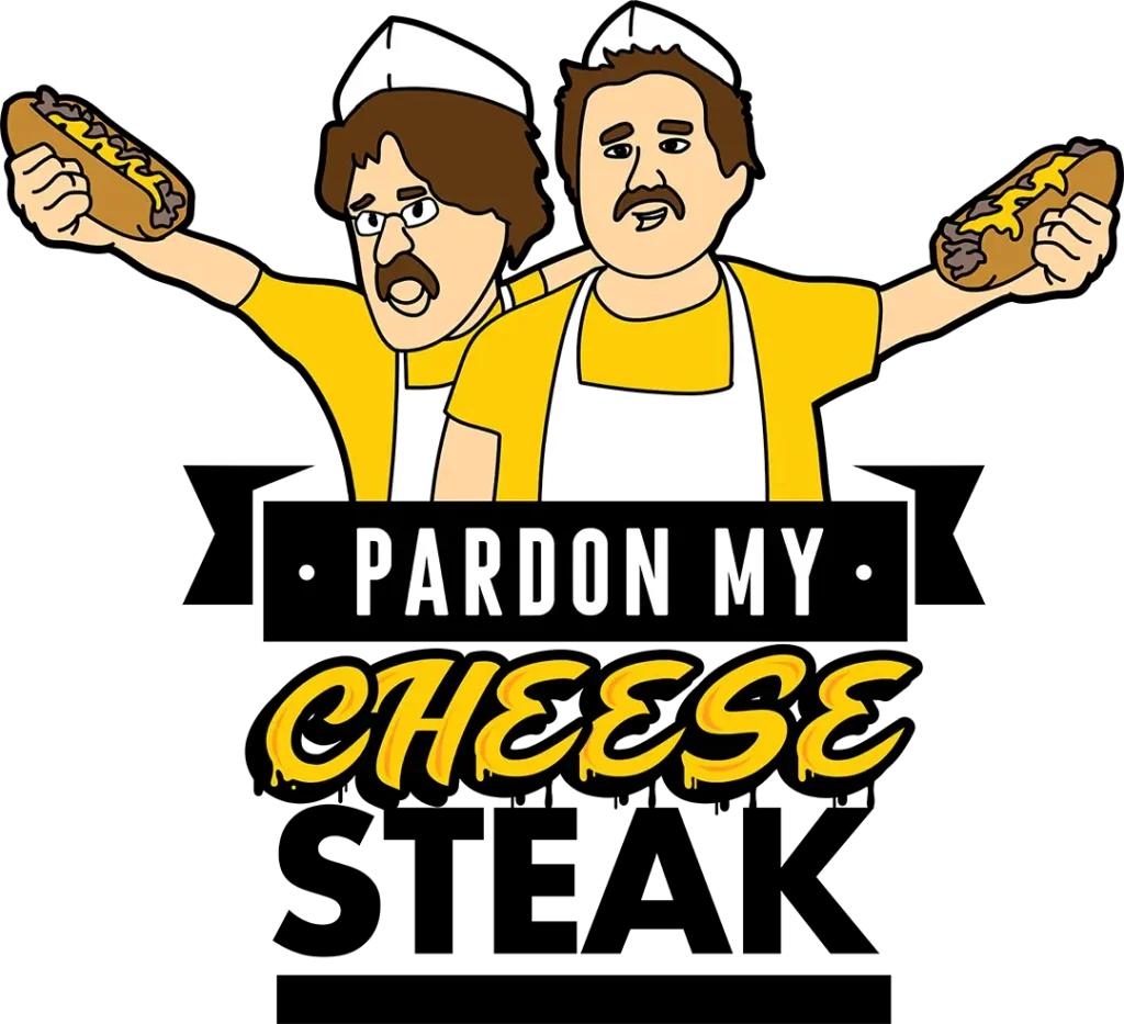 Pardon My Cheesesteak logo featuring illustrated caricatures of Eric Sollenberger and Dan Katz holding cheesesteaks above the brand name