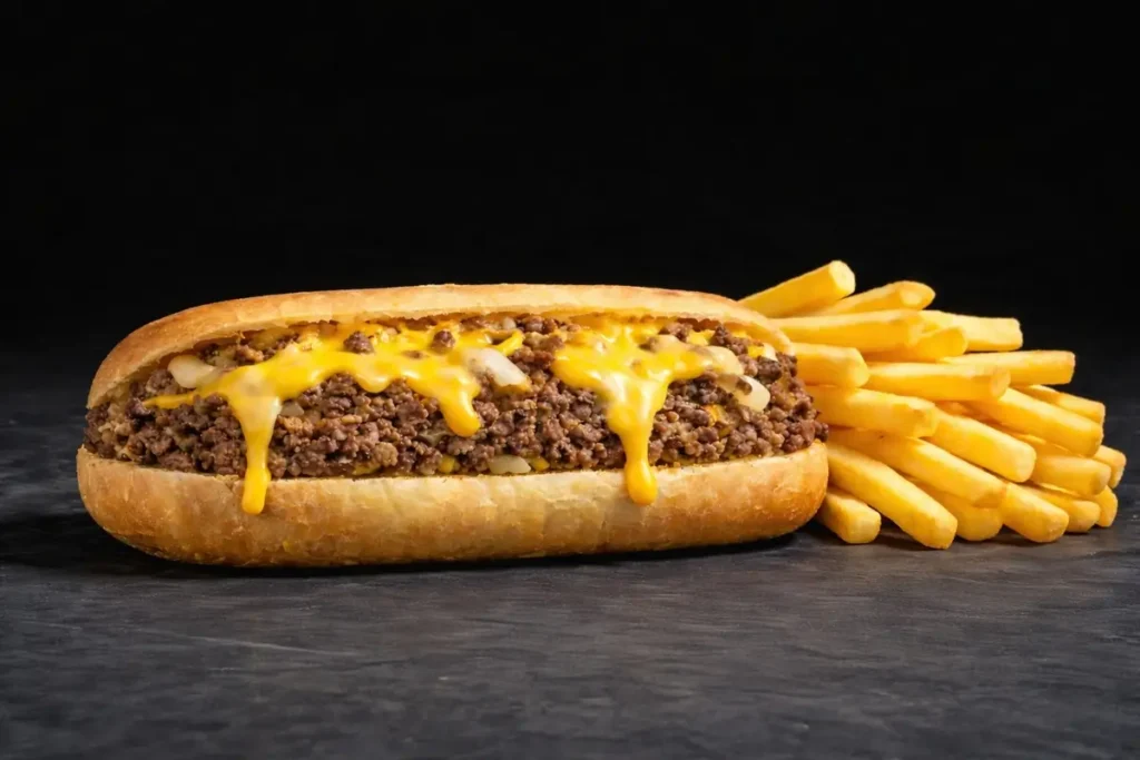 Chopped Cheese Combo sandwich with chopped beef, melted cheese, onions, and fries.